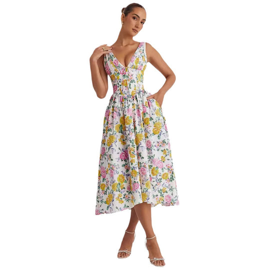 Damen Midikleid mit floralen Akzenten und tailliertem Oberteil EB