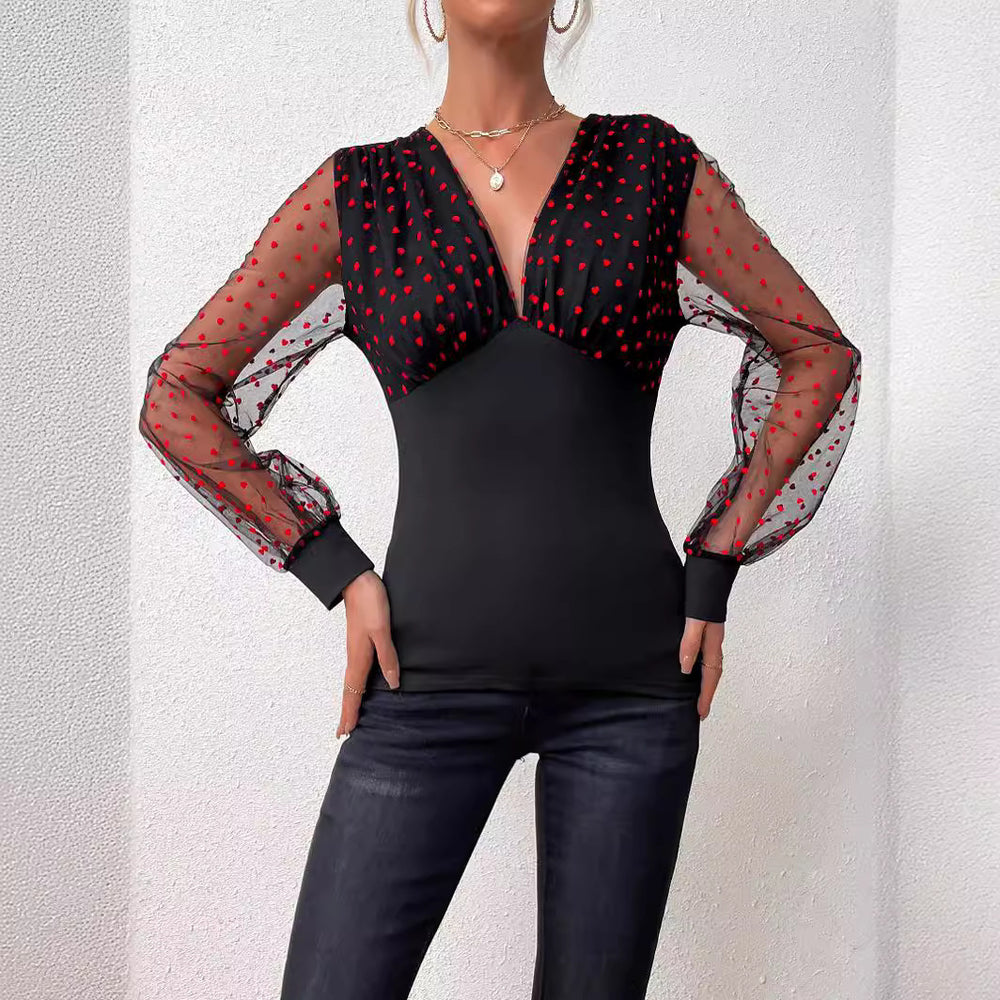 Damen Elegantes Bodysuit mit transparenten Ärmeln und Tupfen-Design EB