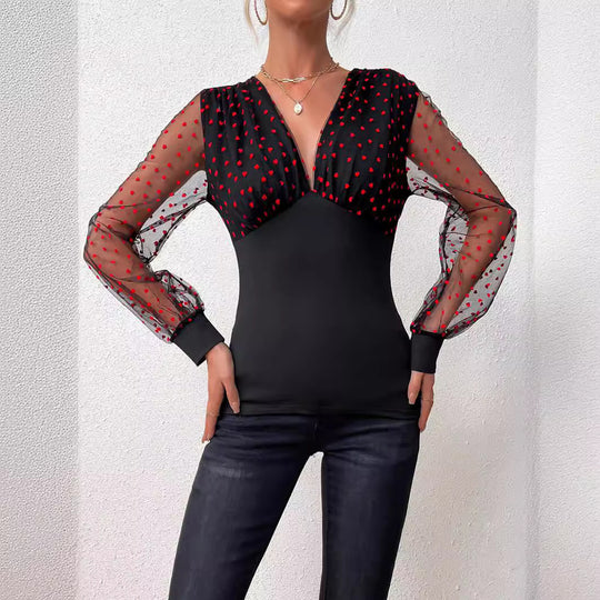 Damen Elegantes Bodysuit mit transparenten Ärmeln und Tupfen-Design EB