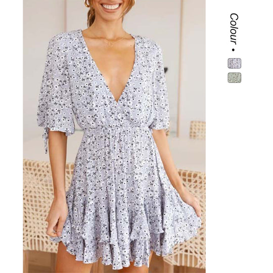 Damen Mini-Kleid mit verspieltem Blumendruck und fließendem Saum EB