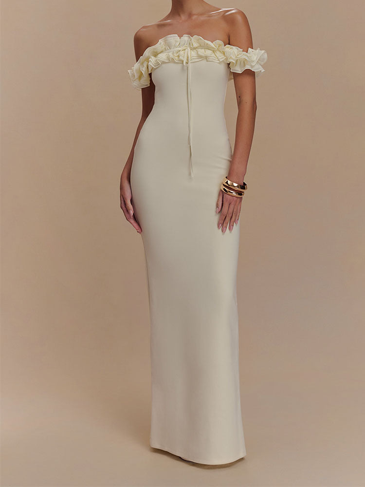Damen Elegantes, schulterfreies Maxikleid mit Rüschendetails EB