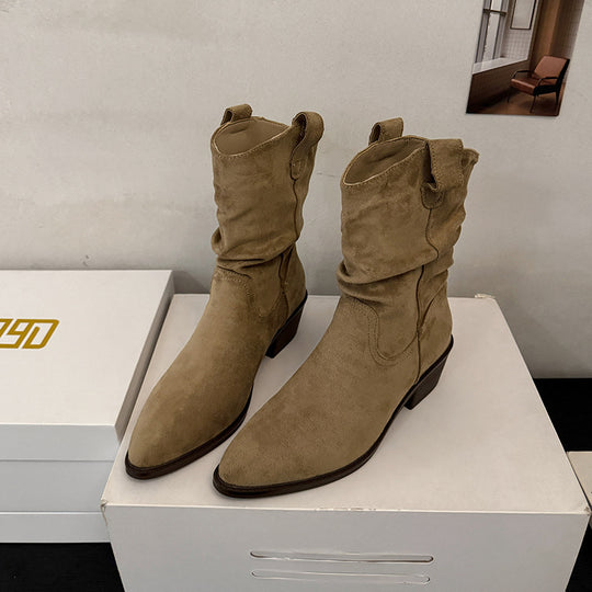 Damen Cowboy-Stiefel mit modischem Falten-Design und komfortablem Blockabsatz EB