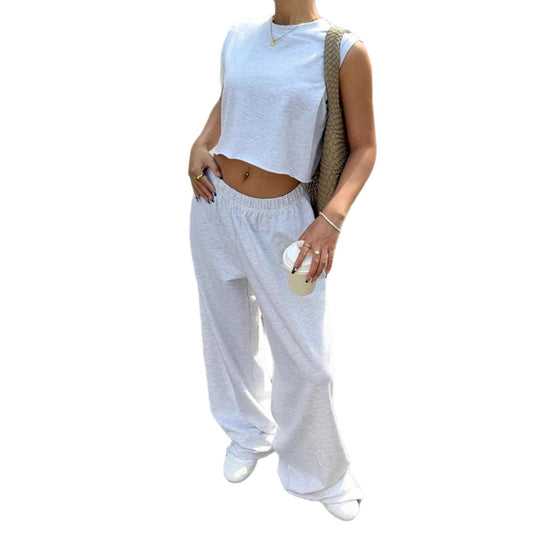 Damen lässiges Crop-Top und weite Freizeithosen Set EB