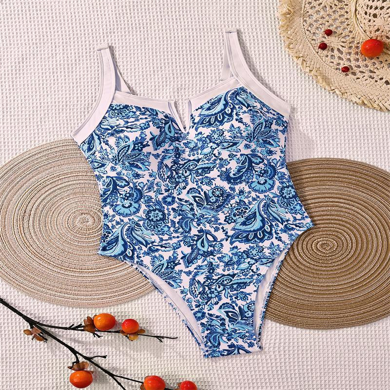 Damen Einteiler Badeanzug mit floralem Design und modischem V-Ausschnitt EB