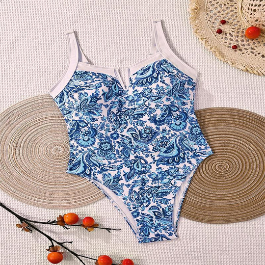 Damen Einteiler Badeanzug mit floralem Design und modischem V-Ausschnitt EB