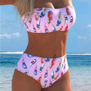 Damen Bandeau-Bikini mit einzigartigem Federmuster und hohem Taillenschnitt EB
