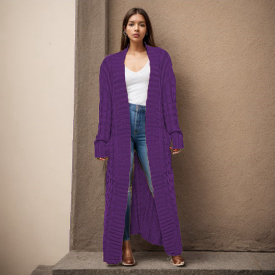 Damen Langer Strickcardigan mit raffiniertem Zopfdesign und praktischen Taschen EB