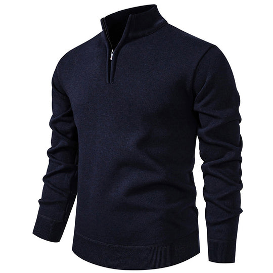 Herren nan Slim-Fit Feinstrickpullover mit kurzem Reißverschluss, Stehkragen und geripptem Bund EB