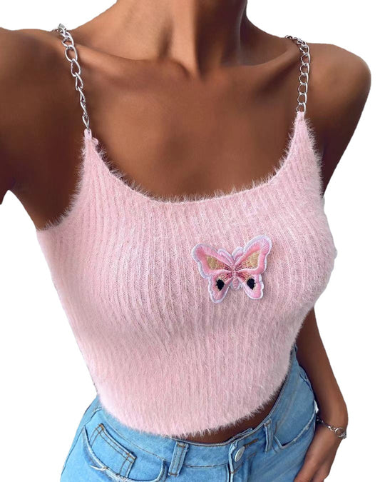 Damen cropped Top mit dekorativem Schmetterlings-Design und Kettenträger EB
