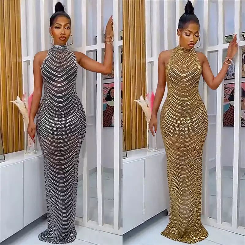 Damen Glamouröses Pailletten-Maxikleid mit figurbetontem Schnitt und schickem Rückenausschnitt EB