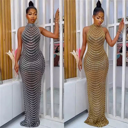 Damen Glamouröses Pailletten-Maxikleid mit figurbetontem Schnitt und schickem Rückenausschnitt EB
