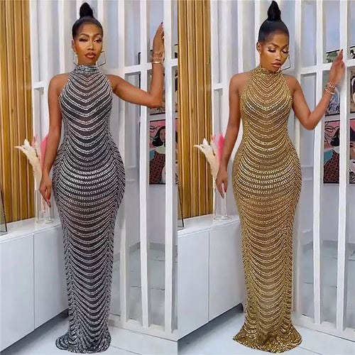 Damen Glamouröses Pailletten-Maxikleid mit figurbetontem Schnitt und schickem Rückenausschnitt EB