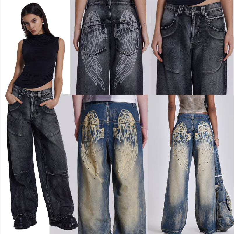 Damen weite Jeans mit kunstvollem Flügel-Design und einzigartigen Details EB