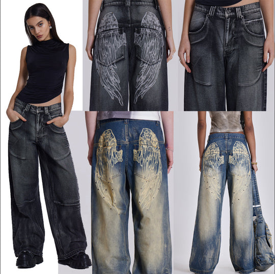 Damen weite Jeans mit kunstvollem Flügel-Design und einzigartigen Details EB