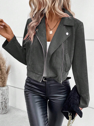 Damen Stylische Bikerjacke aus Kunstleder mit asymmetrischem Reißverschluss EB