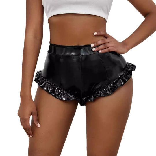 Damen Kunstleder-Shorts mit Rüschendetails und hohem Bund EB