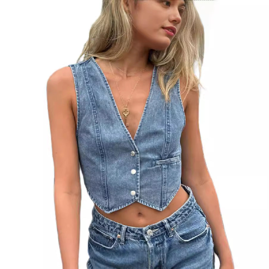 Damen Jeansweste mit elegantem Schnitt und Knopfdetails EB