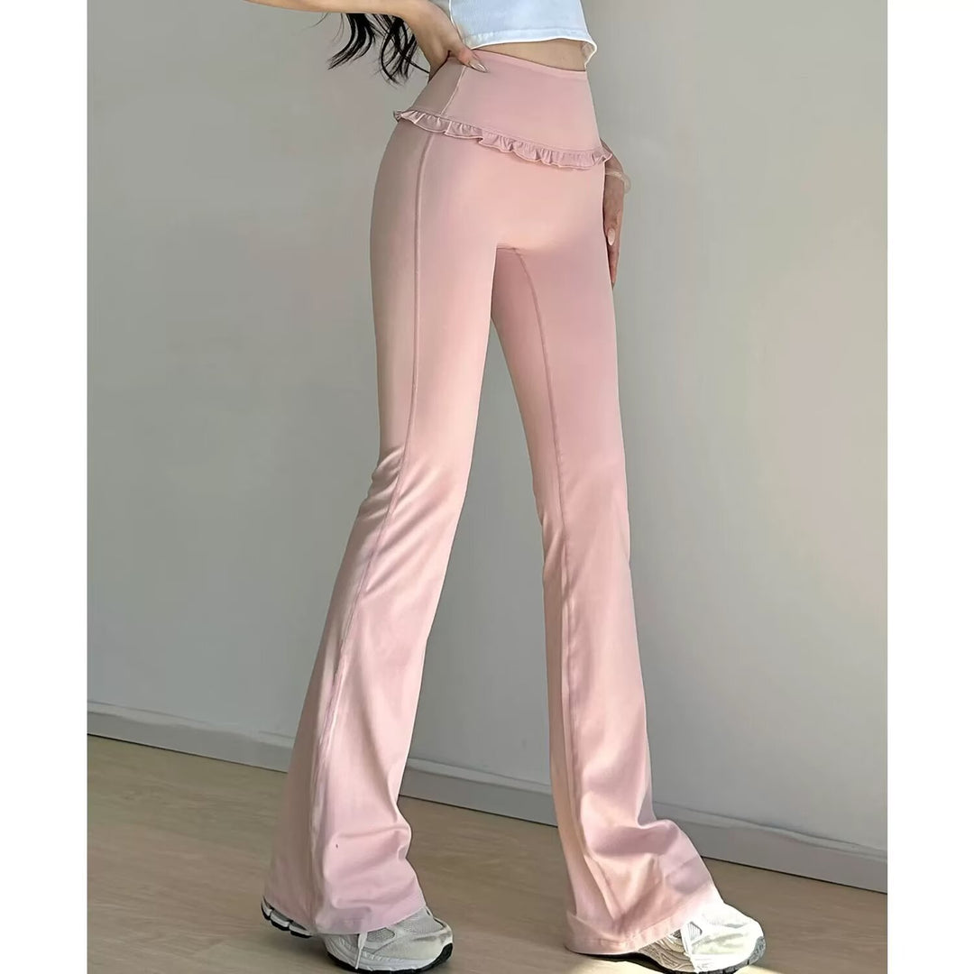Damen Hochtaillierte Bootcut-Leggings mit Rüschendetails EB