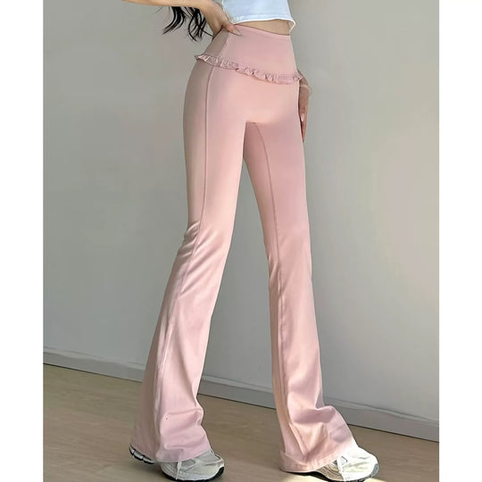 Damen Hochtaillierte Bootcut-Leggings mit Rüschendetails EB