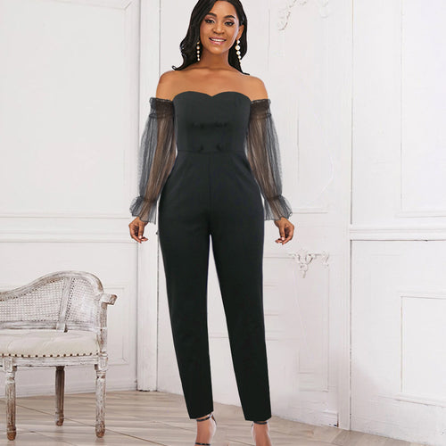 Damen Elegantes Jumpsuit mit transparenten Puffärmeln EB