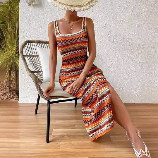 Damen Maxikleid mit modischem Muster und seitlichem Schlitz EB