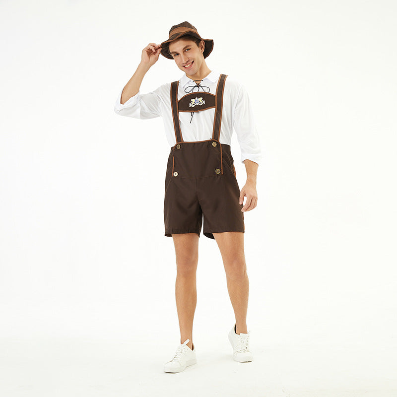 Herren nan traditionelle Kurzlederhose mit verstellbaren Trägern und dekorativem Brustlatz EB