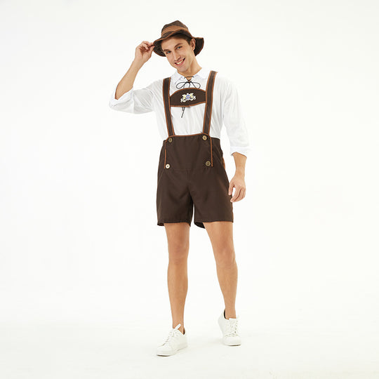Herren nan traditionelle Kurzlederhose mit verstellbaren Trägern und dekorativem Brustlatz EB