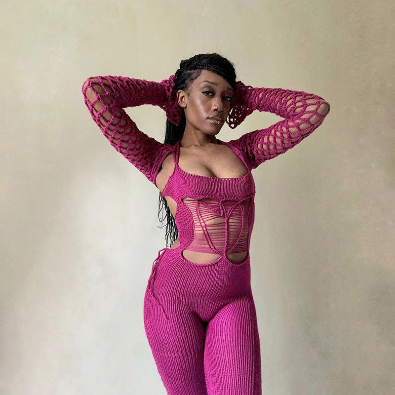 Damen Trendiger Strickanzug mit tiefem V-Ausschnitt und cut-out Design EB