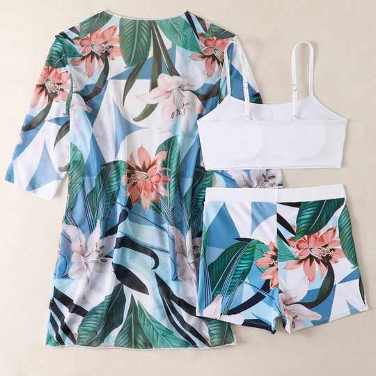 Damen Strandset mit floralem Kimono, Oberteil und Shorts EB