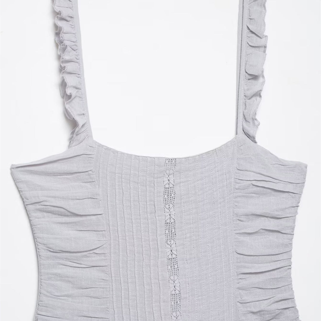 Damen luftiges Babydoll-Kleid mit Rüschendetails und elastischer Taillierung EB