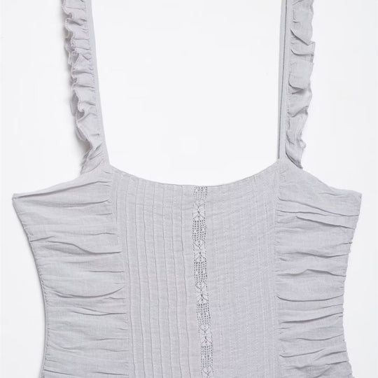 Damen luftiges Babydoll-Kleid mit Rüschendetails und elastischer Taillierung EB