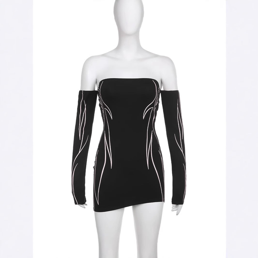 Damen elegantes Off-Shoulder Kleid mit langen Ärmeln EB