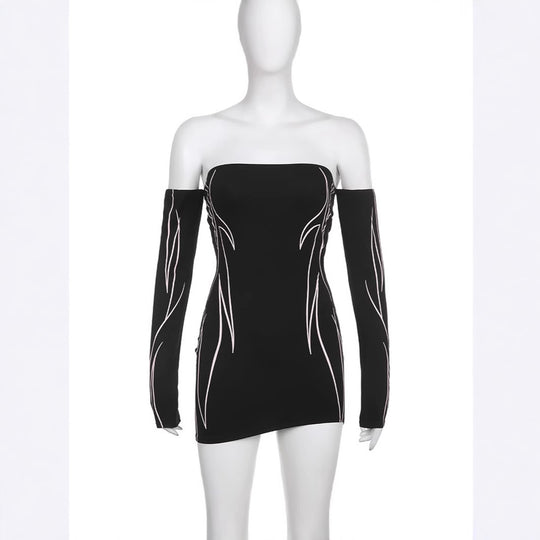 Damen elegantes Off-Shoulder Kleid mit langen Ärmeln EB