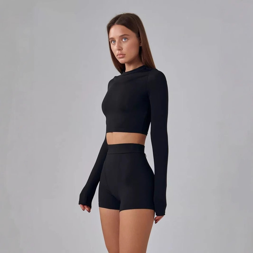 Damen sportliches Crop-Top mit langem Arm und Daumenlöchern EB