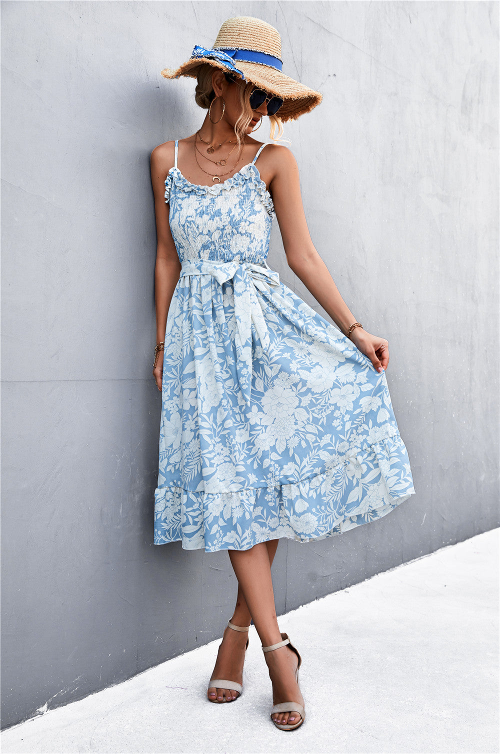 Damen Sommerkleid mit Rüschendetails und elastischem Taillenzug EB