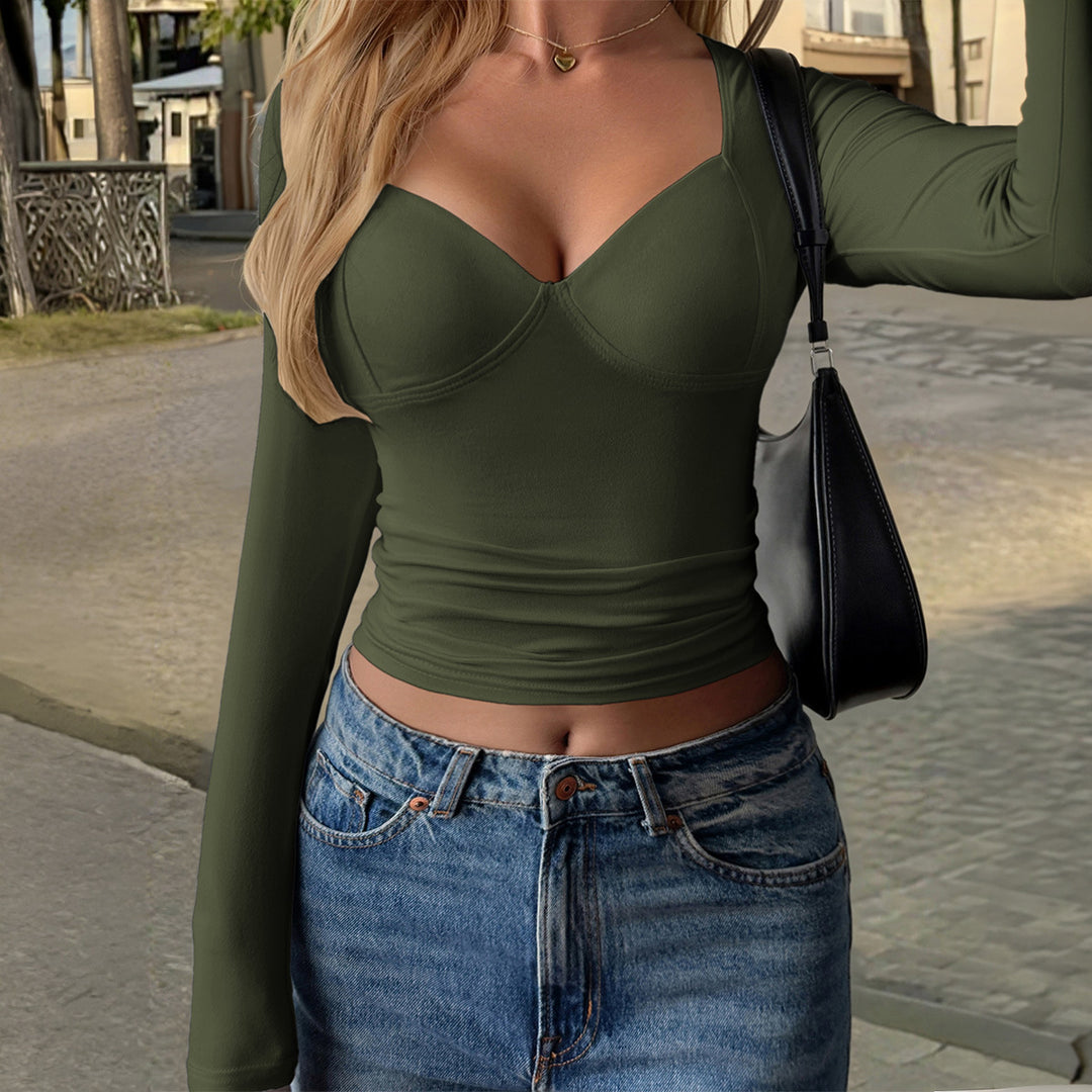Damen nan figurbetontes Langarm-Crop-Top mit integriertem Bustier, Bügeln und formender Passform EB