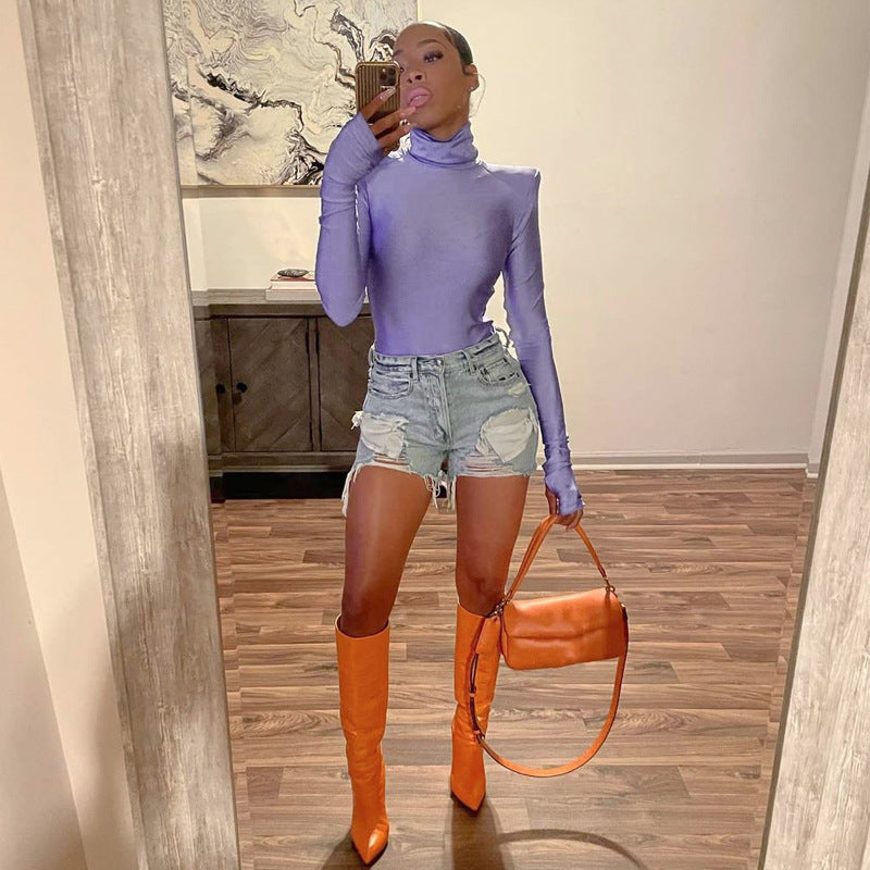 Damen Langarm-Bodysuit mit hohem Kragen und eleganten Raffungen EB