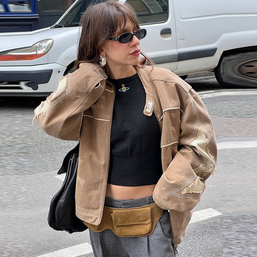 Damen Modische Jacke im Vintage-Stil mit kunstvollen Ziernähten und abgetragenem Effekt EB