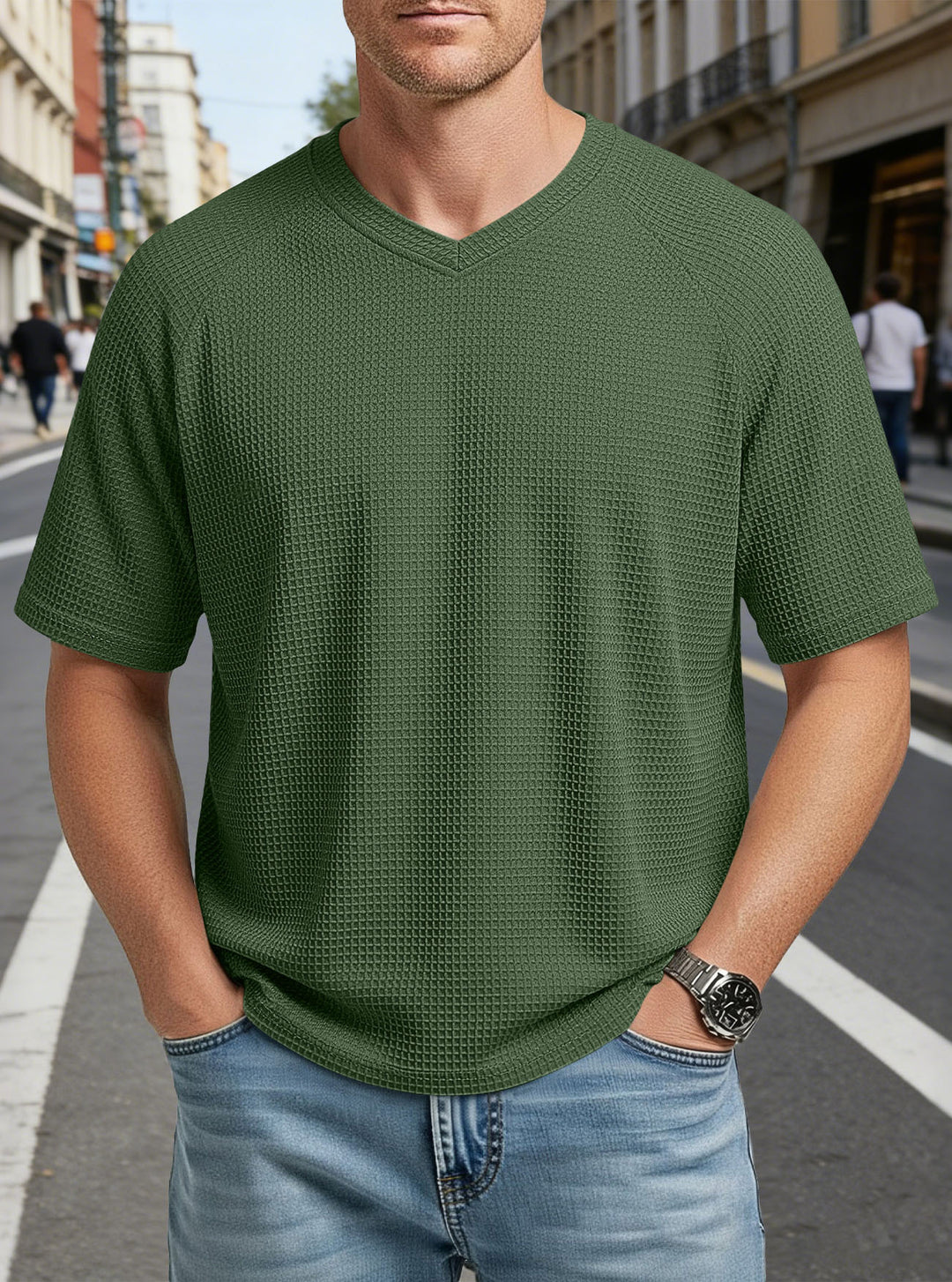 Herren nan lässiges V-Ausschnitt Waffelstrick-T-Shirt aus atmungsaktivem Baumwollmix EB