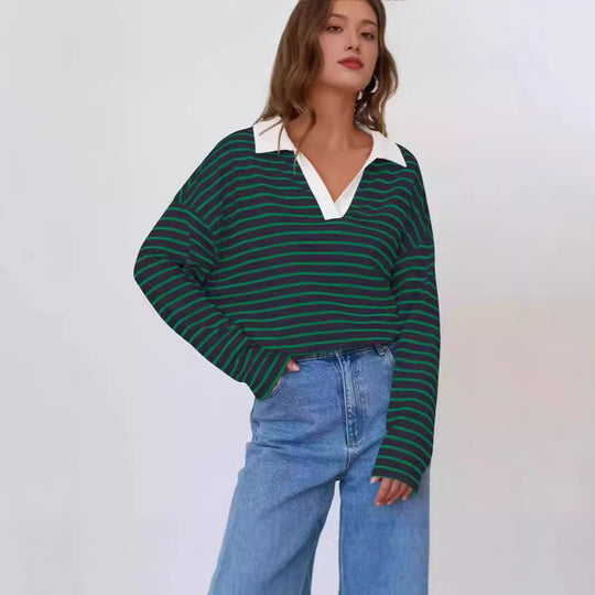Damen gestreiftes Polo-Shirt mit V-Ausschnitt und kontrastierendem Kragen EB