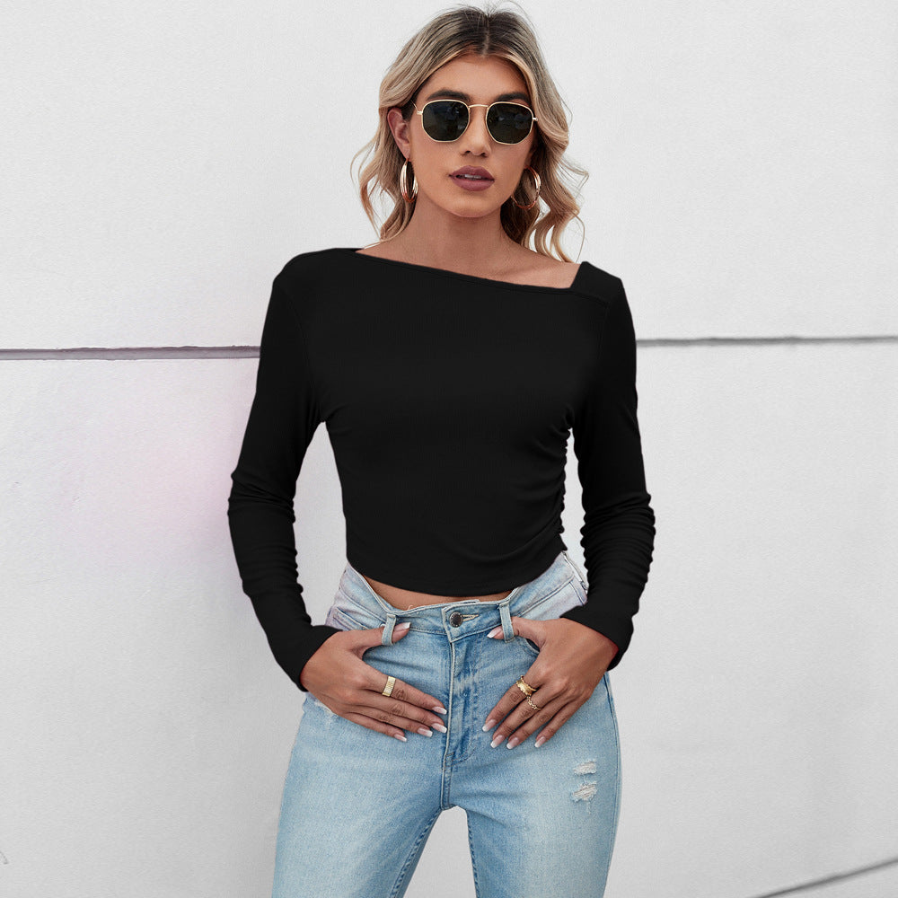 Damen figurbetontes geripptes Langarm-Cropped-Top mit asymmetrischer Schulterlinie und taillierter Stretch-Passform Eichborn Berlin