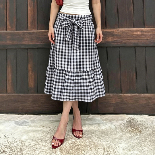Damen Fließender Viskose-Rock mit taillierter High-Waist und Rüschensaum EB
