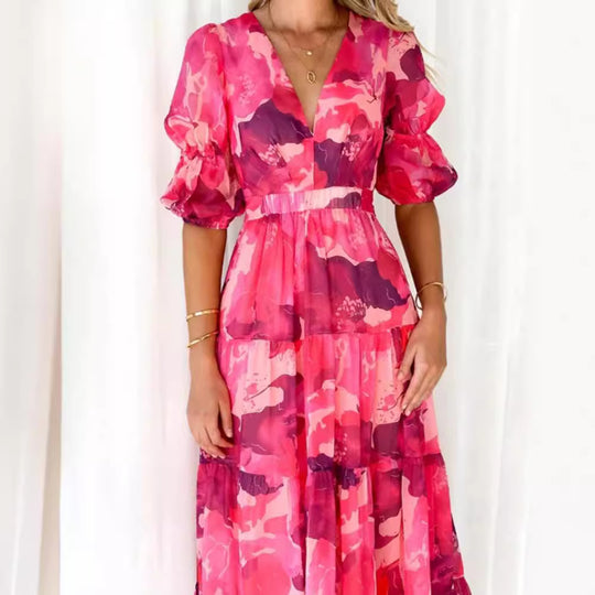 Damen Maxikleid mit voluminösen Puffärmeln und fließendem Rock Heidi-Mode