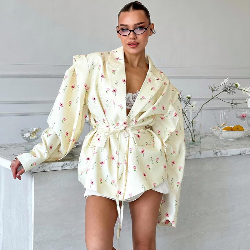 Damen Elegante Blazerjacke mit floralem Design und Taillengürtel EB