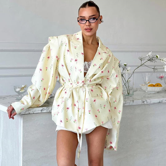 Damen Elegante Blazerjacke mit floralem Design und Taillengürtel EB