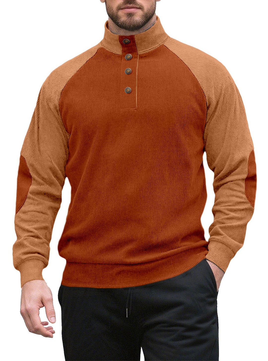 Herren nan zweifarbiger Ripptroyer mit asymmetrischer Knopfleiste und Velours-Ellbogenpatch EB