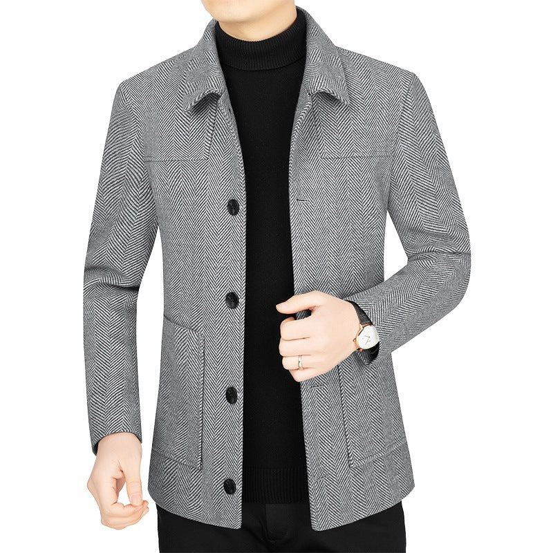 Herren Fischgrät-Übergangsjacke mit Stehkragen und aufgesetzten Taschen EB