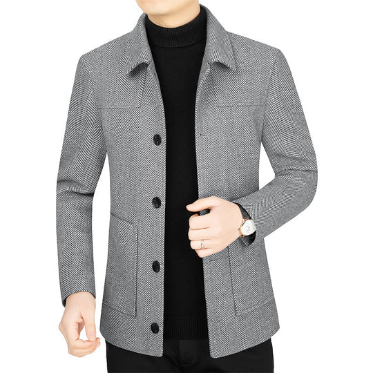 Herren Fischgrät-Übergangsjacke mit Stehkragen und aufgesetzten Taschen EB