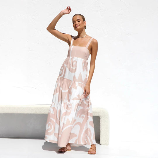 Damen Maxikleid mit modernem grafischen Muster und luftigen Volants EB