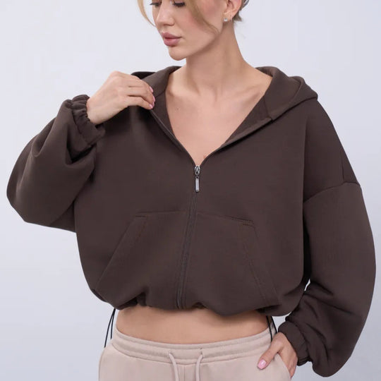 Damen legeres Cropped-Fleece-Hoodie mit Tunnelzugbund, Raglanärmeln und Reißverschluss Eichborn Berlin